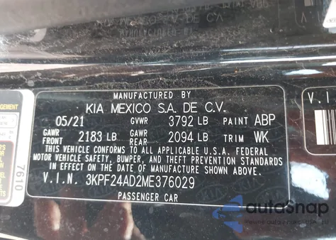 2021 Kia Forte Fe/Lxs из США, поврежденный, VIN 3KPF24AD2ME376029